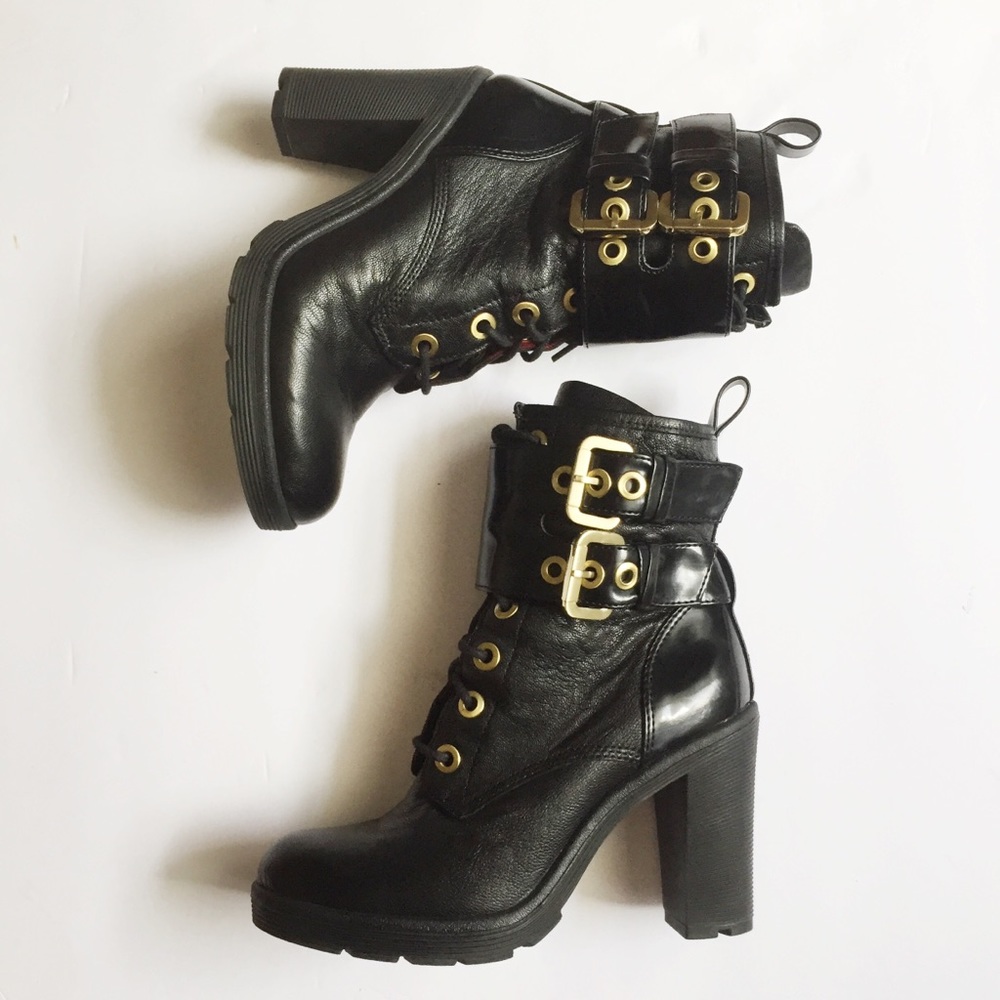 Guess combat boots leather heeled black 6